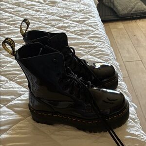 Dr. Martens Black Patent Boots with Yellow Stitching